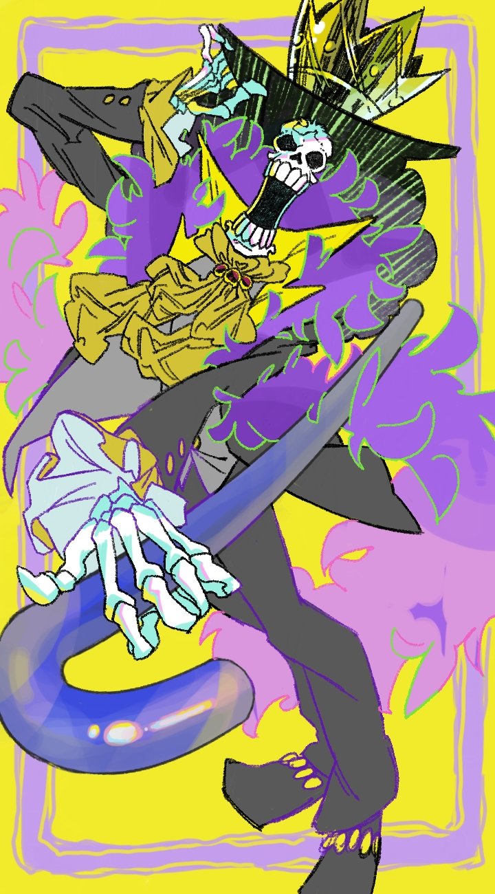 brook (one piece), one piece, commentary request, highres, 1boy, afro, ascot, cane, crown, feather boa, hat, holding, holding cane, isddssms, jacket, looking at viewer, male focus, open mouth, pants, skeleton, solo, yellow ascot
