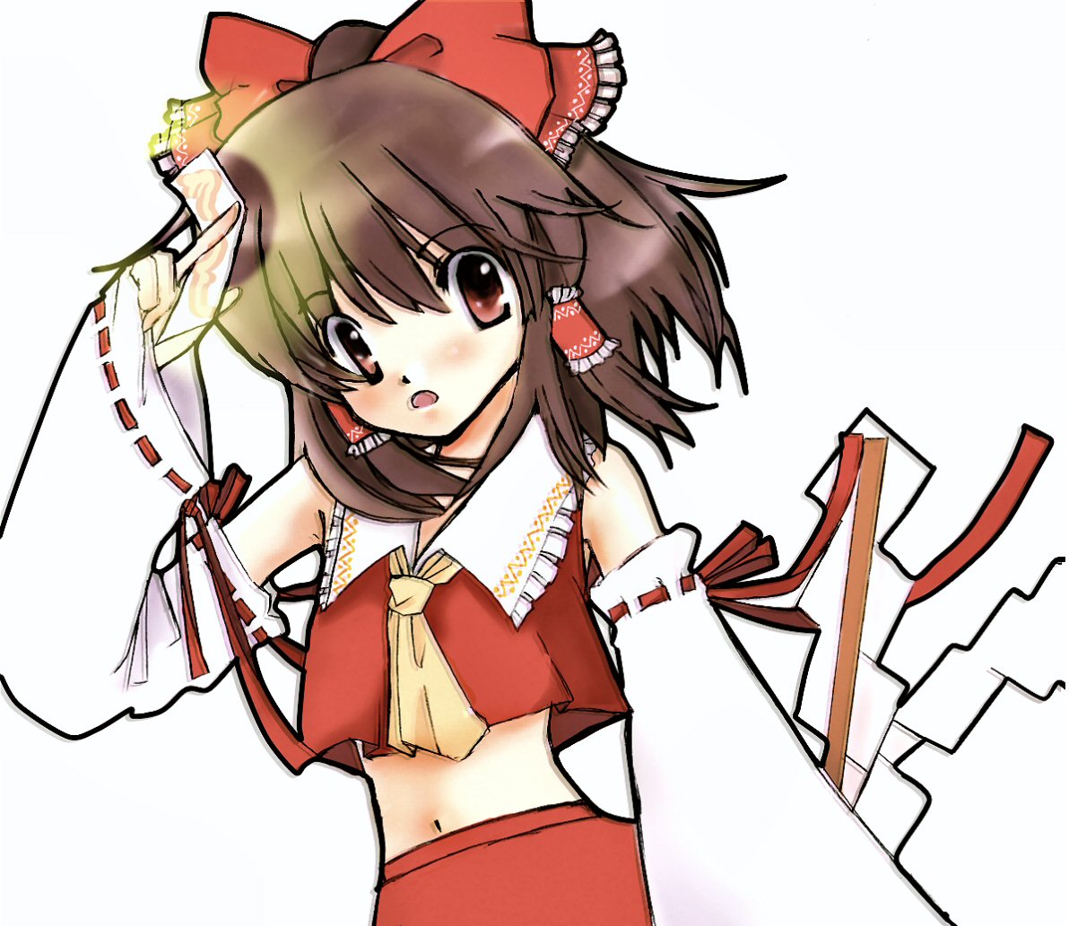 snowling, hakurei reimu, touhou, bad id, bad pixiv id, 1girl, female focus, japanese clothes, miko, navel, ribbon, simple background, skirt, solo, white background