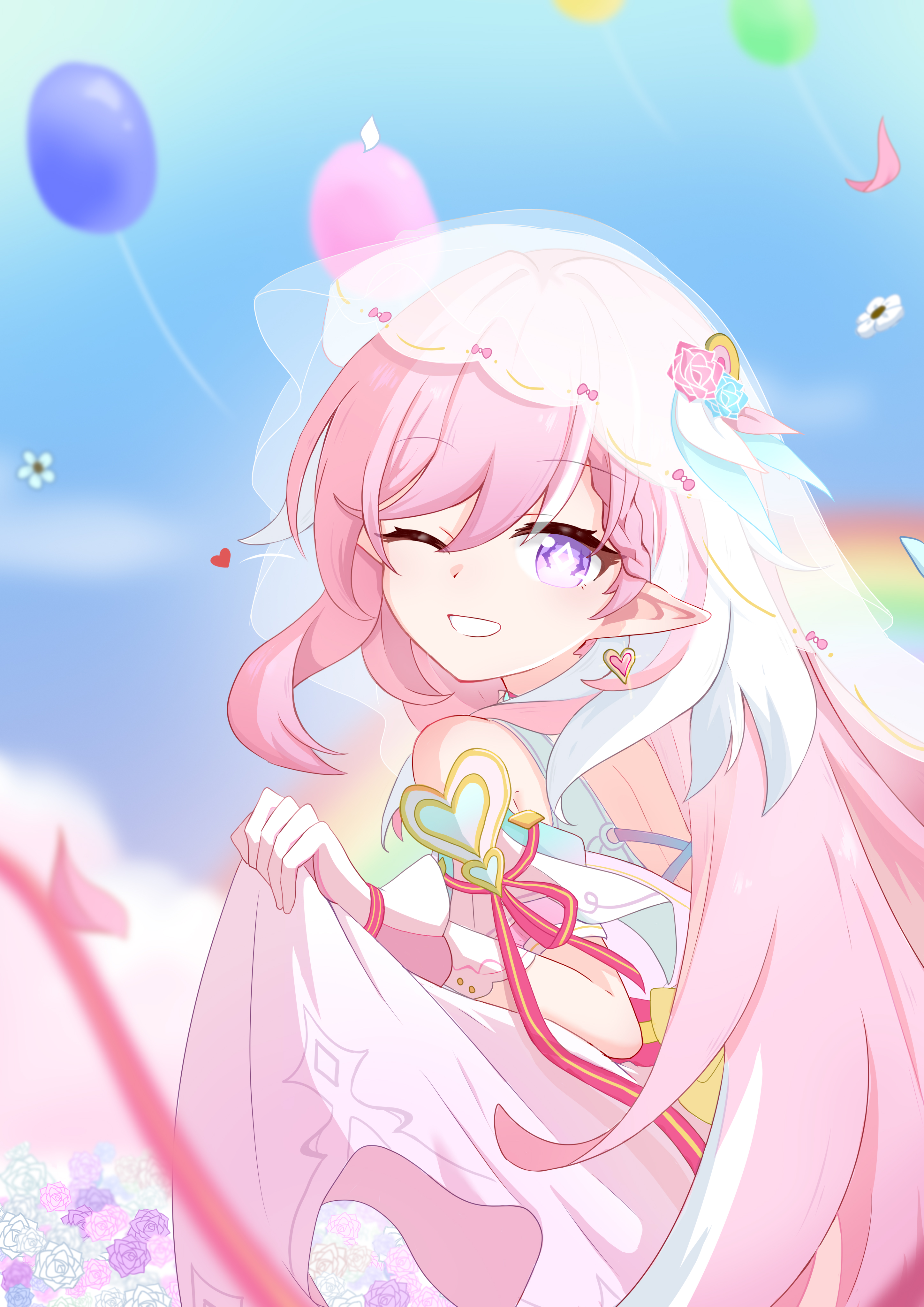 elysia (hi elf of love) (honkai impact), elysia (honkai impact), honkai (series), honkai impact 3rd, absurdres, chinese commentary, commentary request, highres, 1girl, ;o, balloon, bare shoulders, blue sky, cesuo zai zheli, diamond-shaped pupils, diamond (shape), dress, dress tug, earrings, elf, heart, heart earrings, jewelry, long hair, looking at viewer, one eye closed, outdoors, pink dress, pink hair, pointy ears, purple eyes, rainbow, sky, smile, solo, symbol-shaped pupils, veil, very long hair, white veil