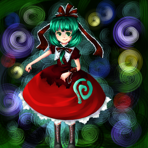 kagiyama hina, touhou, bad id, bad pixiv id, 1girl, female focus, front ponytail, green hair, long hair, ribbon, solo
