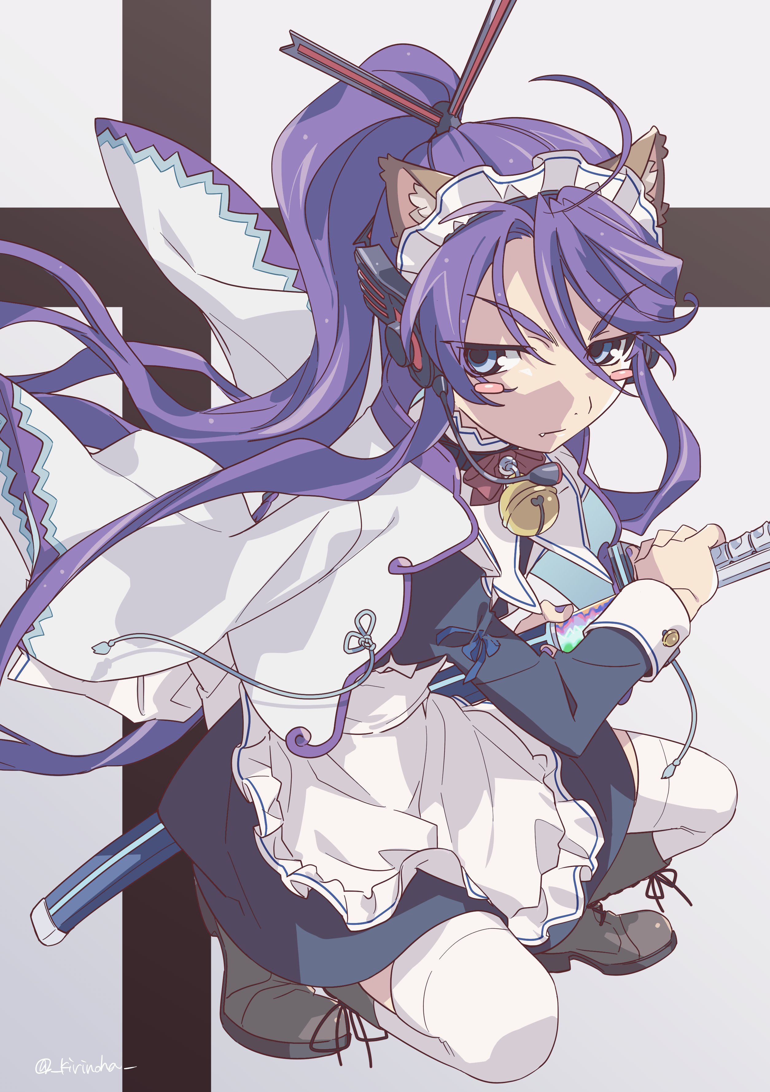 kirinoha, kamui gakupo, vocaloid, absurdres, highres, 1boy, ahoge, alternate costume, animal ears, apron, bell, blue dress, blue eyes, blush stickers, boots, cat ears, closed mouth, crossdressing, crossdressing (mtf), dress, enmaided, fake animal ears, fang, grey boots, hair between eyes, hair ornament, holding, holding sword, holding weapon, japanese clothes, kimono, kimono on shoulders, knee boots, long hair, looking at viewer, maid, maid apron, maid headdress, male focus, neck bell, on one knee, ponytail, purple hair, purple nails, sheath, solo, sword, thighhighs, unsheathing, v-shaped eyebrows, very long hair, weapon, white apron, white kimono, white thighhighs, white wrist cuffs, wrist cuffs