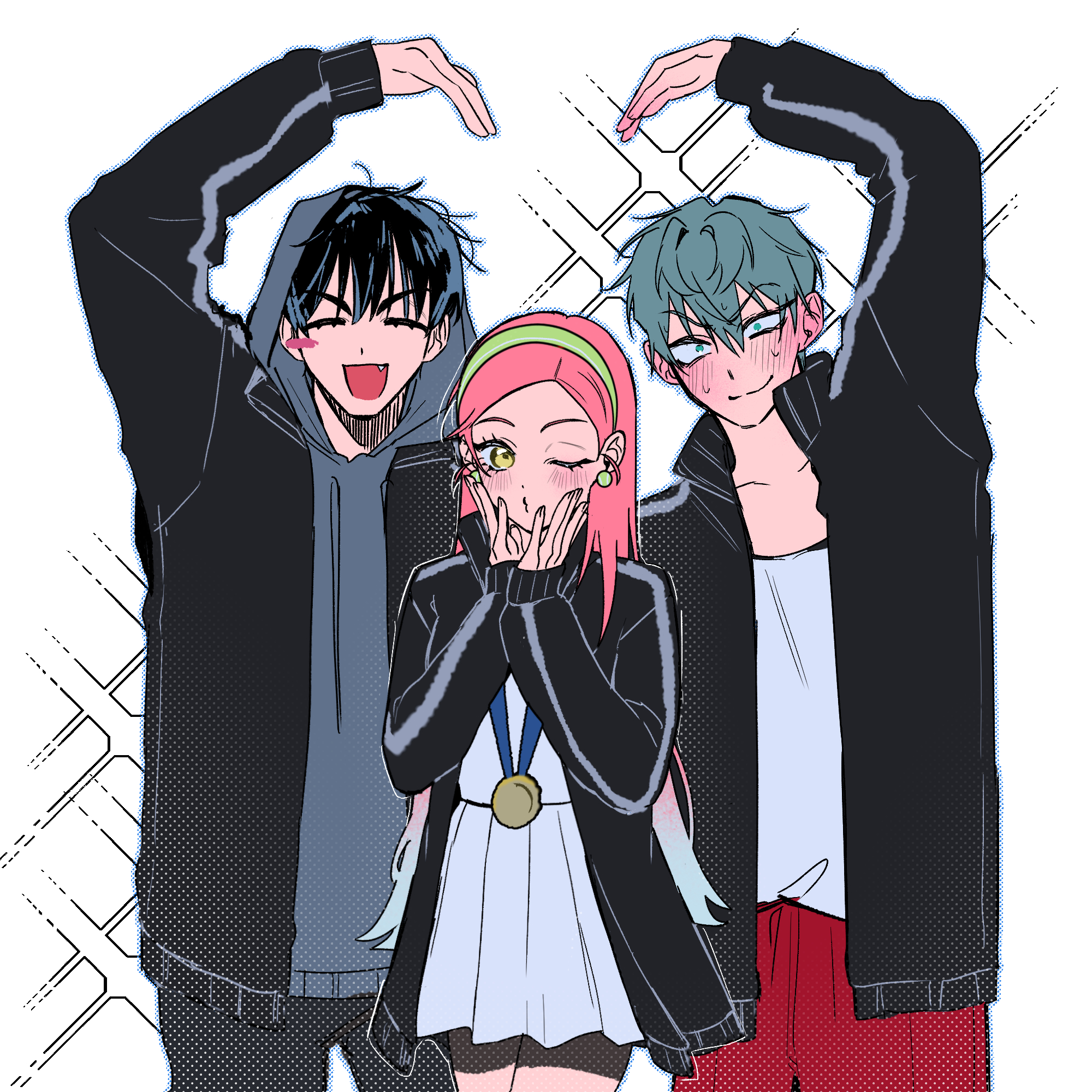 kyon (zmwh8222), ivan (alien stage), mizi (alien stage), till (alien stage), alien stage, highres, 1girl, 2boys, black hair, black jacket, black shorts, blue hair, blush stickers, closed eyes, closed mouth, earrings, fang, green eyes, green hairband, grey hair, grey hoodie, hairband, hands on own face, heart arms, heart arms duo, hood, hood up, hoodie, jacket, jewelry, long hair, medal, multicolored hair, multiple boys, official alternate costume, open mouth, pink hair, puckered lips, red shorts, shirt, shorts, single blush sticker, skirt, smile, sphere earrings, two-tone hair, very long hair, white shirt, white skirt, yellow eyes