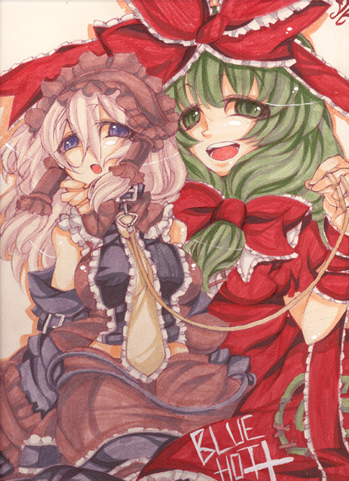 nanaya, hakurei reimu, kagiyama hina, touhou, 2girls, female focus, front ponytail, green hair, japanese clothes, long hair, miko, multiple girls, ribbon