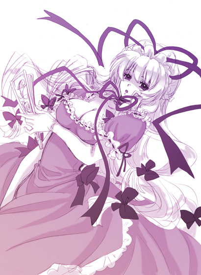 shima chiyo, yakumo yukari, touhou, 1girl, bow, breasts, cleavage, dress, female focus, folded fan, folding fan, frilled dress, frills, hair bow, hand fan, hat, large breasts, long hair, monochrome, multiple hair bows, purple theme, ribbon, solo