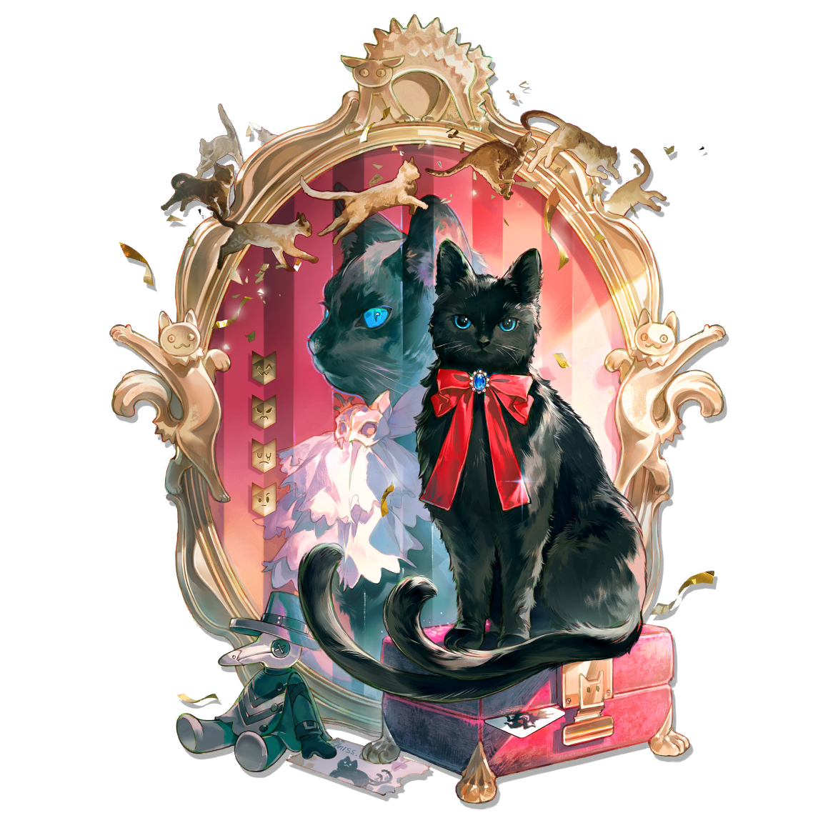 yuji (fantasia), miss christine (arknights), arknights, official art, third-party source, animal, animal focus, ascot, black cat, blue eyes, blue gemstone, bow, bowtie, brooch, cat, curtains, full body, gem, jewelry, looking at viewer, mirror, multiple tails, nekomata, red bow, red bowtie, simple background, solo, stage curtains, tail, transparent background, two tails, white ascot