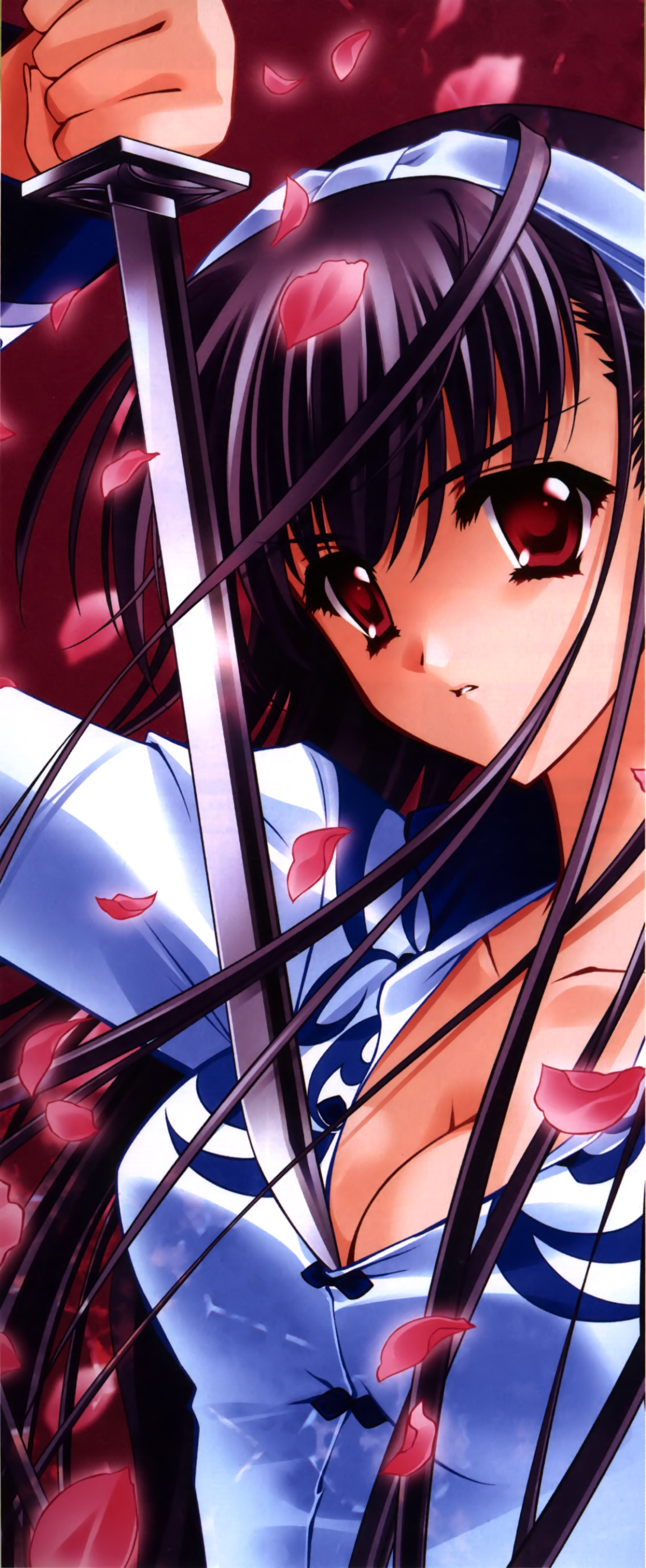 carnelian, kawakabe momoka, touka gettan, absurdres, highres, 00s, 1girl, breasts, cleavage, female focus, long hair, medium breasts, petals, purple hair, red eyes, school uniform, serafuku, solo, sword, weapon