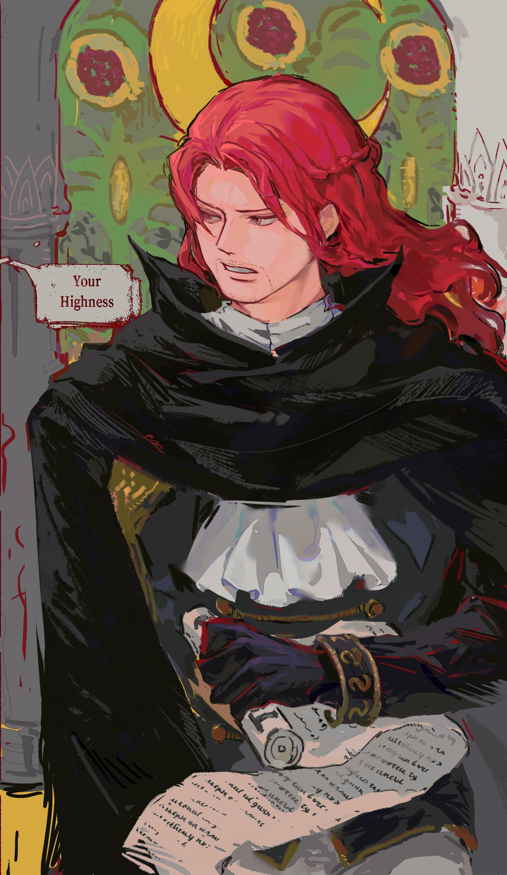 laoeeeeer, figarland shamrock, one piece, absurdres, chinese commentary, commentary request, highres, 1boy, ascot, beard stubble, braid, facial hair, gloves, holding, holding scroll, long hair, male focus, moon, red hair, scroll, sidelocks, solo, stubble, upper body, white ascot