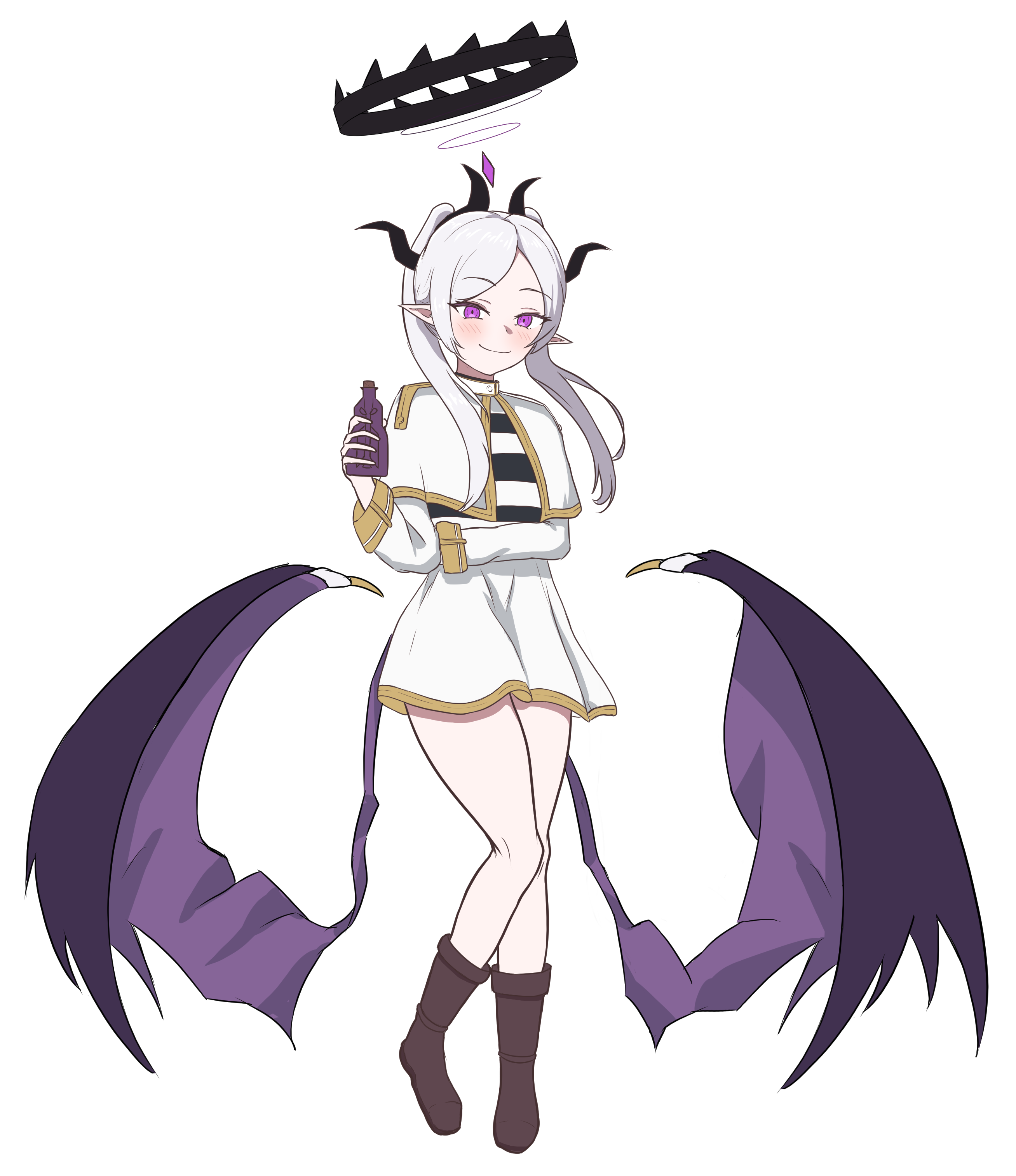 aspid r, frieren, hina (blue archive), blue archive, sousou no frieren, absurdres, highres, 1girl, ahoge, black halo, breasts, cosplay, demon horns, frieren (cosplay), halo, horns, long hair, looking at viewer, low wings, purple eyes, simple background, small breasts, solo, standing, very long hair, white background, white hair, wings