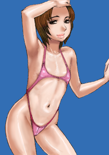 matoyama, lowres, 1girl, bikini, blue background, brown eyes, brown hair, female focus, flat chest, lips, oekaki, short hair, slingshot swimsuit, solo, swimsuit