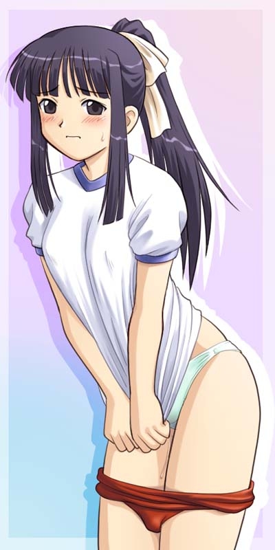 aoyama motoko, love hina, black hair, blush, buruma, buruma pull, clothes pull, covering crotch, covering privates, embarrassed, gym uniform, hair ribbon, panties, panty pull, ponytail, ribbon, shirt tug, solo, underwear