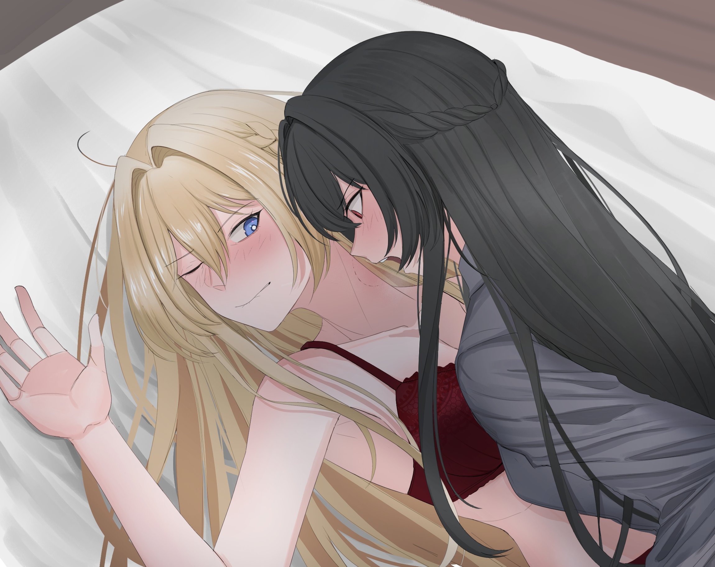 johndoge 123, koto satsuki, ouzuka mai, watashi ga koibito ni nareru wake naijan murimuri!, commentary, hashtag-only commentary, highres, 2girls, bite mark, bite mark on neck, black hair, blonde hair, blue eyes, blush, bra, closed mouth, grey shirt, half updo, long hair, multiple girls, on bed, one eye closed, red bra, red eyes, shirt, underwear, upper body, yuri