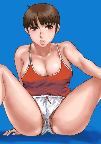 matoyama, lowres, 1girl, blue background, breasts, brown eyes, brown hair, cleavage, female focus, gym uniform, large breasts, lips, oekaki, short hair, solo, spread legs