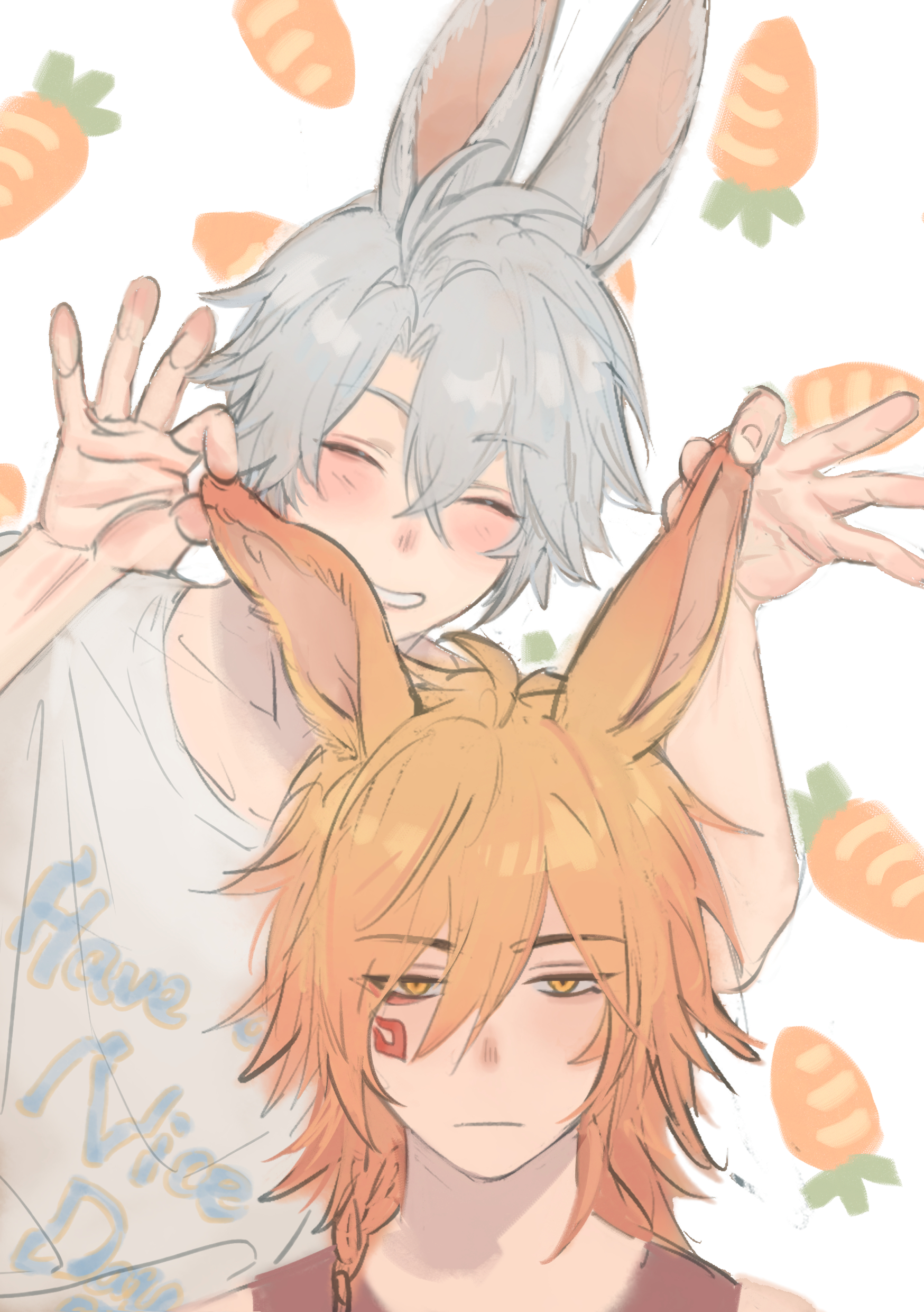 nlllllllll0216, mydei (honkai: star rail), phainon (honkai: star rail), honkai: star rail, honkai (series), absurdres, commentary, hashtag-only commentary, highres, 2boys, :|, animal ears, antenna hair, arms up, blonde hair, blush, braid, carrot, closed eyes, closed mouth, collarbone, crew neck, crossed bangs, facial tattoo, fingernails, gradient hair, grey hair, grey shirt, grin, kemonomimi mode, male focus, multicolored hair, multiple boys, parted hair, rabbit boy, rabbit ears, red hair, shirt, side braid, single braid, smile, tattoo, teeth, white background, yellow eyes