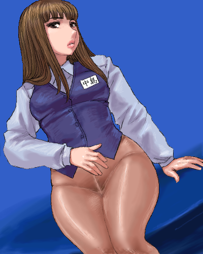 matoyama, lowres, 1girl, blue background, bottomless, brown eyes, brown hair, curvy, female focus, lips, long hair, oekaki, office lady, pantyhose, sitting, solo