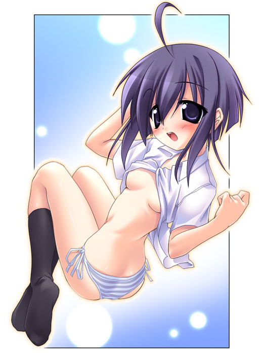 miyazaki nodoka, mahou sensei negima!, 00s, ahoge, dress shirt, panties, shirt, side-tie panties, socks, solo, underwear