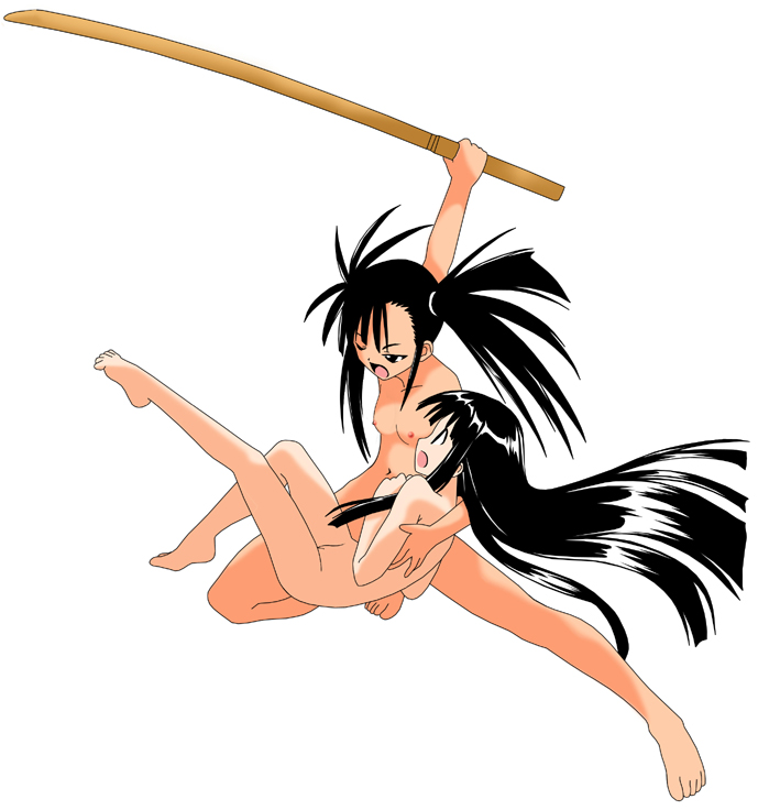 konoe konoka, sakurazaki setsuna, mahou sensei negima!, colorized, derivative work, vector trace, 00s, 2girls, barefoot, breasts, multiple girls, nipples, nude, pussy, simple background, small breasts, sword, uncensored, weapon, white background, yuri