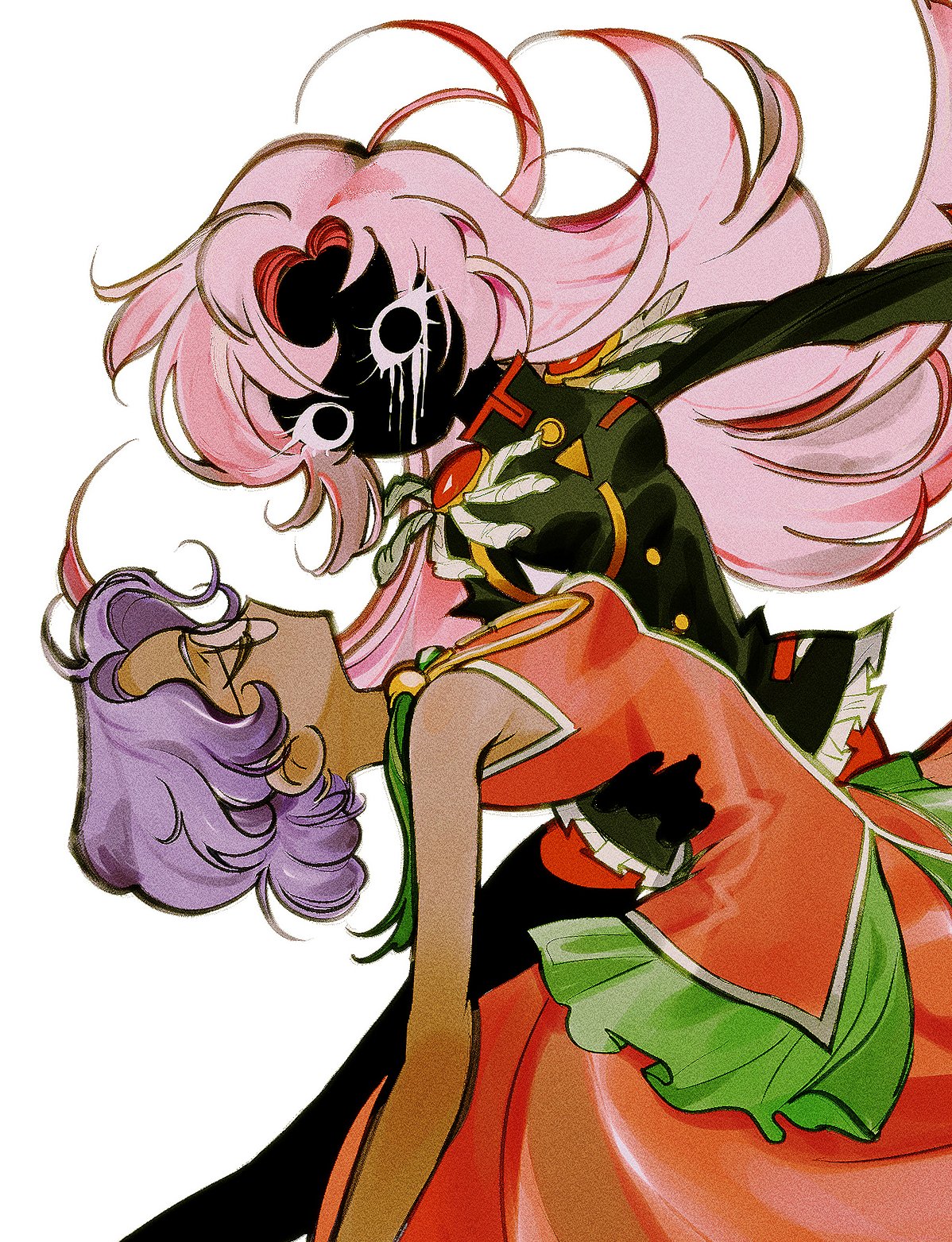 himemiya anthy, tenjou utena, shoujo kakumei utena, highres, 2girls, aiguillette, bike shorts, black eyes, black jacket, black skin, closed eyes, colored skin, crying, dark-skinned female, dark skin, dip (dance move), dress, epaulettes, faceless, faceless female, frilled dress, frilled jacket, frills, full body, glasses, holding, holding sword, holding weapon, jacket, l4y1a laya, long hair, long sleeves, looking at viewer, multiple girls, pink hair, purple hair, red dress, red shorts, round eyewear, short hair, shorts, simple background, sleeveless, sleeveless dress, solid circle eyes, streaming tears, sword, sword of dios, tears, weapon, white background, white wrist cuffs, wrist cuffs