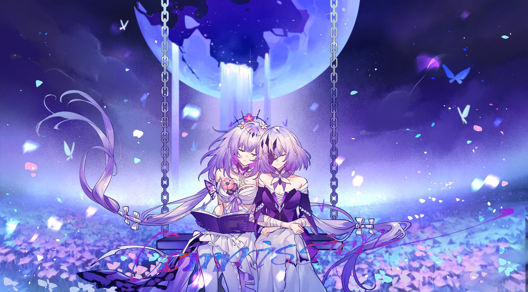 castorice (honkai: star rail), honkai: star rail, honkai (series), commission, highres, 2girls, breasts, bug, butterfly, closed eyes, closed mouth, crown, dress, flower, insect, long hair, moon, multiple girls, pink flower, pink hair, siblings, simple background, sisters, sitting, sleeping, suinian0708, white dress