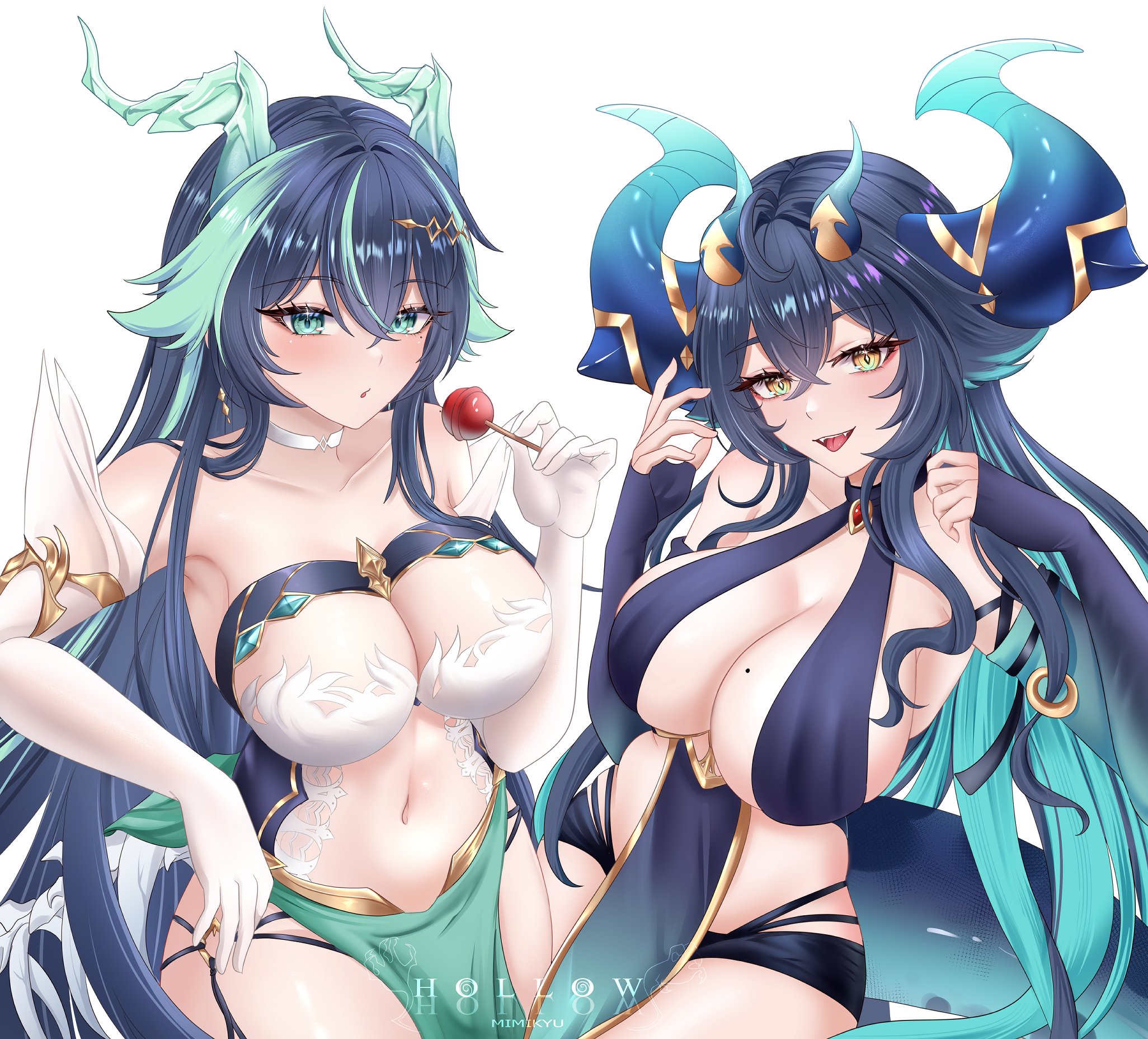 hollow mimikyu, indie virtual youtuber, original, commentary, english commentary, highres, 2girls, ame amelianna (vtuber), aqua hair, aqua streaks, armpits, bare shoulders, black gloves, black hair, blush, breasts, candy, cleavage, collarbone, colored inner hair, cowlick, elbow gloves, fangs, fingerless gloves, food, gloves, green eyes, hair between eyes, hand up, hands up, holding, holding candy, holding food, holding lollipop, horns, large breasts, lollipop, long hair, looking at viewer, mole, mole on breast, multicolored hair, multiple girls, navel, parted lips, simple background, stomach, very long hair, virtual youtuber, white background, yellow eyes