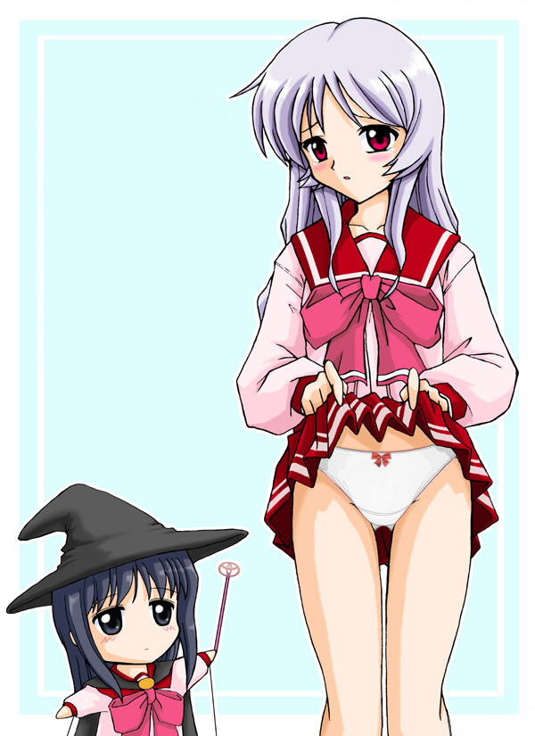 himekawa kotone, kurusugawa serika, to heart, to heart (series), blush, clothes lift, panties, school uniform, serafuku, skirt, skirt lift, underwear