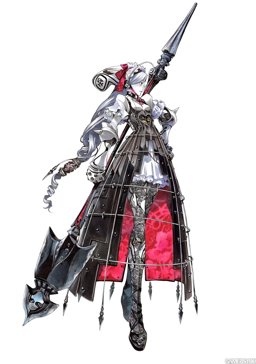 oogure ito, ashlotte maedel, soul calibur, soulcalibur, soulcalibur iv, highres, 1girl, drill hair, female focus, full body, goth fashion, gothic lolita, iron maiden, lolita fashion, long hair, machine, pale skin, polearm, robot, solo, weapon, yellow eyes