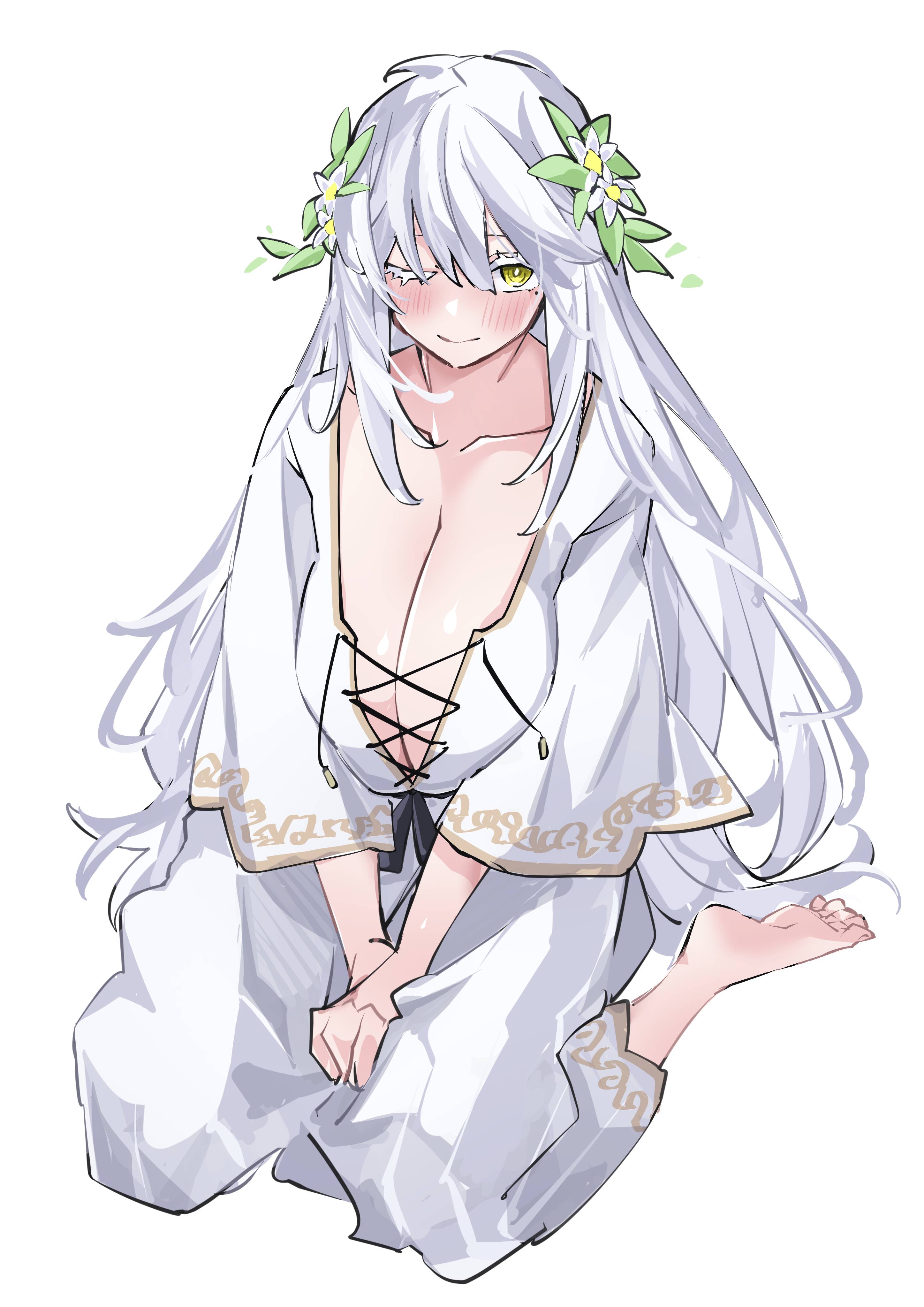 rinrikoko, original, absurdres, highres, barefoot, black ribbon, blush, bouncing breasts, breasts, cleavage, collarbone, colored eyelashes, dress, flower, gold trim, hair flower, hair ornament, huge breasts, large breasts, long hair, long skirt, low neckline, one eye closed, pointy breasts, ribbon, sagging breasts, seiza, sitting, skirt, soles, white background, white dress, white hair, yellow eyes