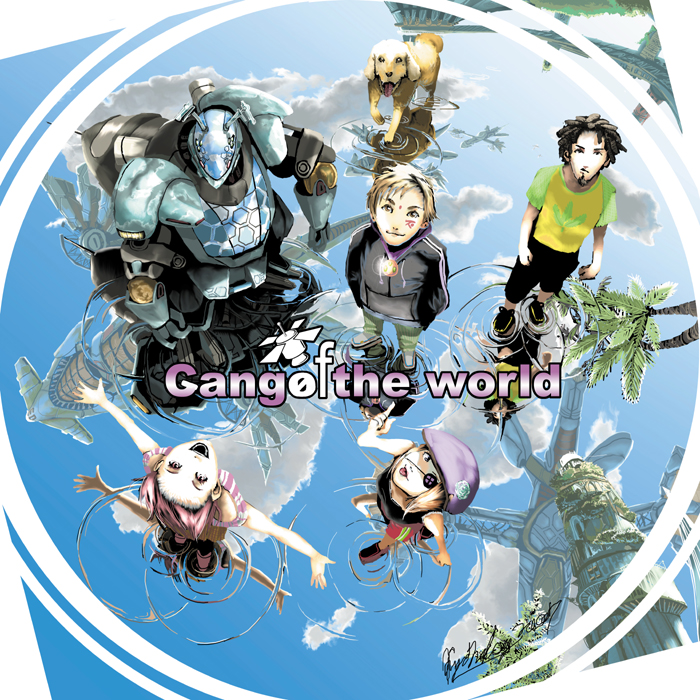 kyan-dog, original, 2boys, 2girls, cloud, dog, eyepatch, happy, humanoid robot, multiple boys, multiple girls, palm tree, reflection, robot, tree, water