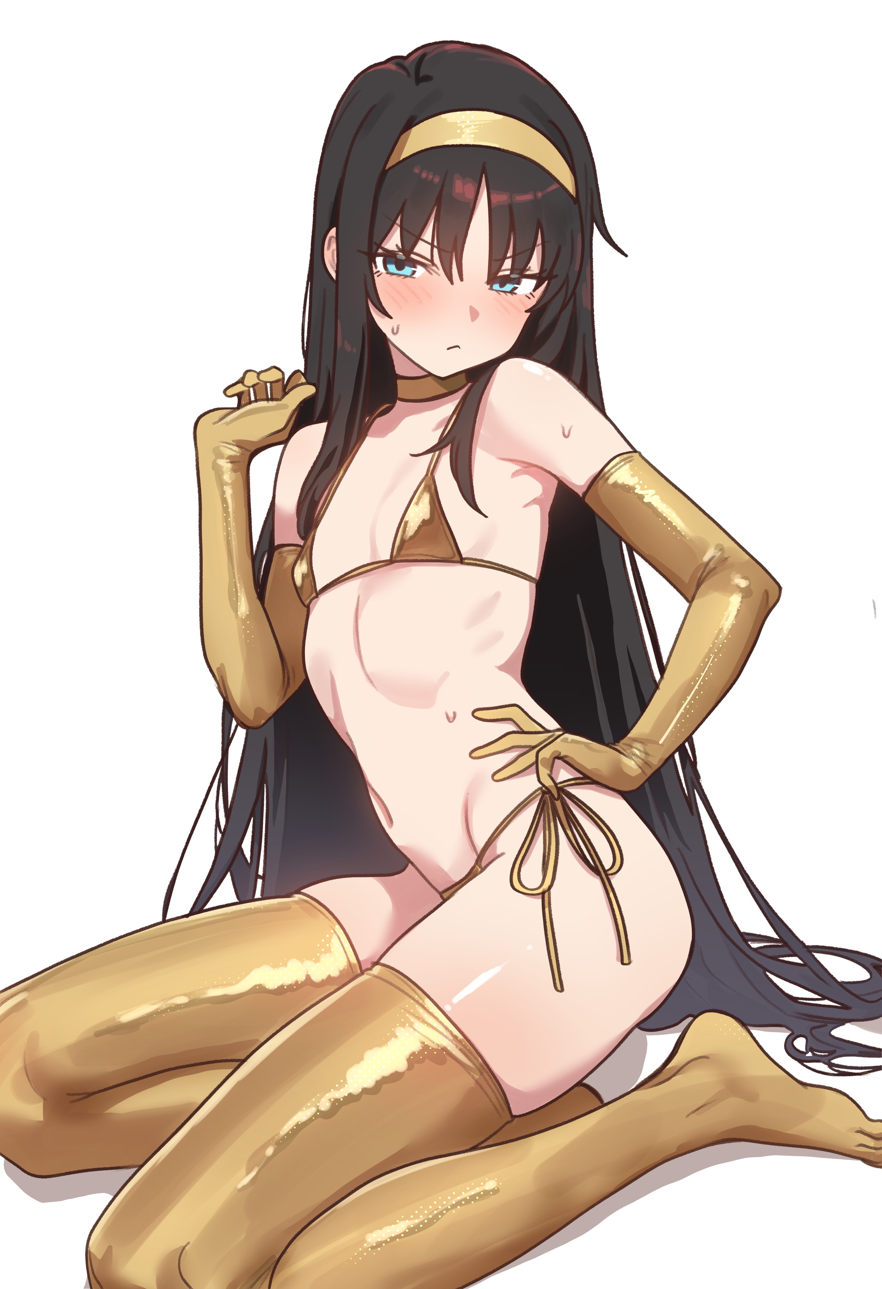 ebora, tohno akiha, tsukihime, absurdres, bad link, highres, 1girl, bikini, black hair, blue eyes, blush, elbow gloves, flat chest, gloves, gold bikini, gold gloves, gold thighhighs, golden week, hair spread out, hand on own hip, hand up, headband, long hair, looking at viewer, micro bikini, navel, solo, string bikini, sweat, swimsuit, very long hair, white background