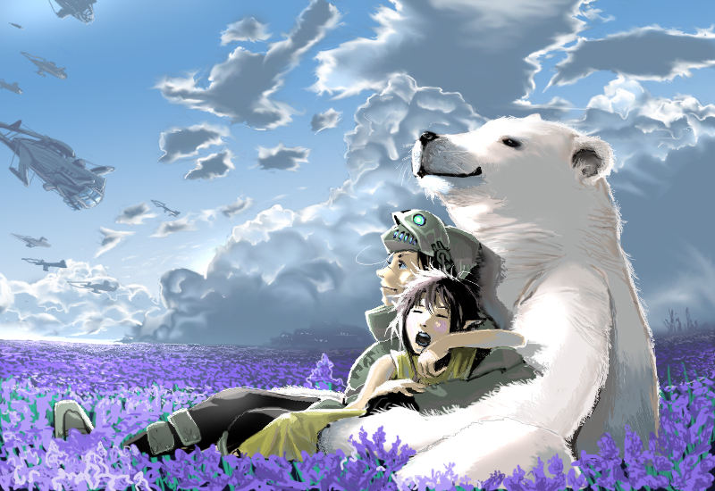 kyan-dog, original, 1boy, 1girl, aircraft, airship, bear, cloud, day, field, flower, flower field, flying, polar bear, sky, sleeping