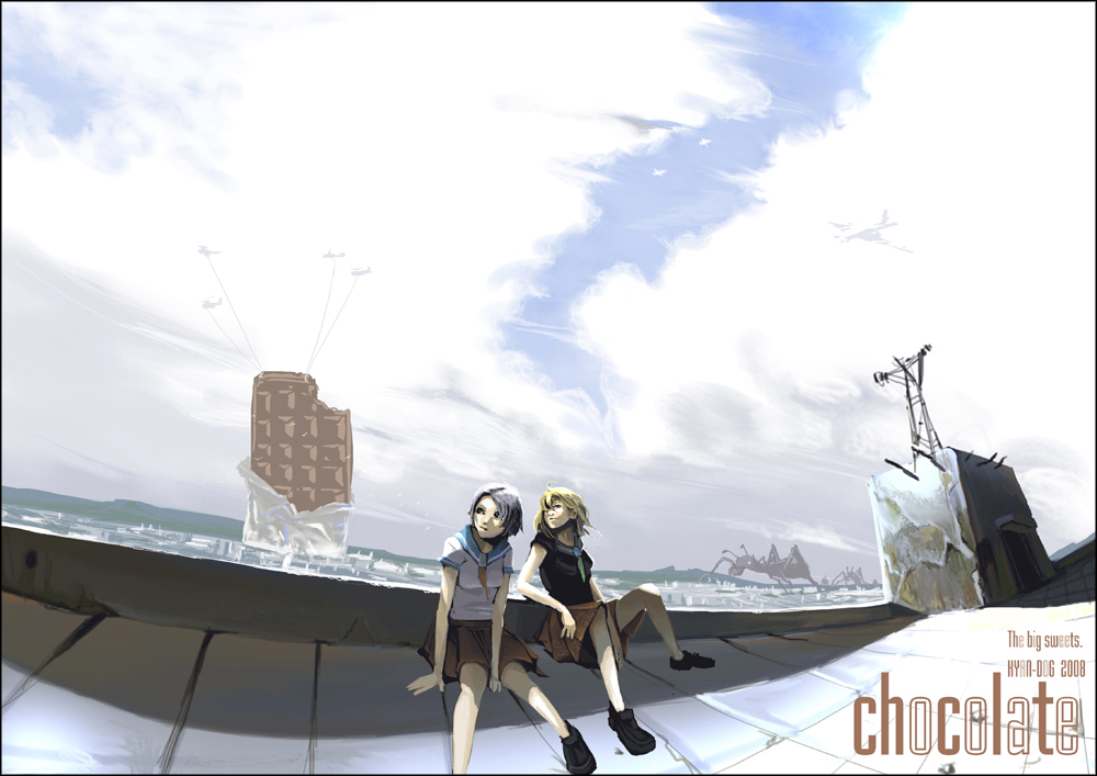 kyan-dog, 2girls, aircraft, ant, bug, chocolate, cloud, day, helicopter, multiple girls, rooftop, school uniform, serafuku, sky