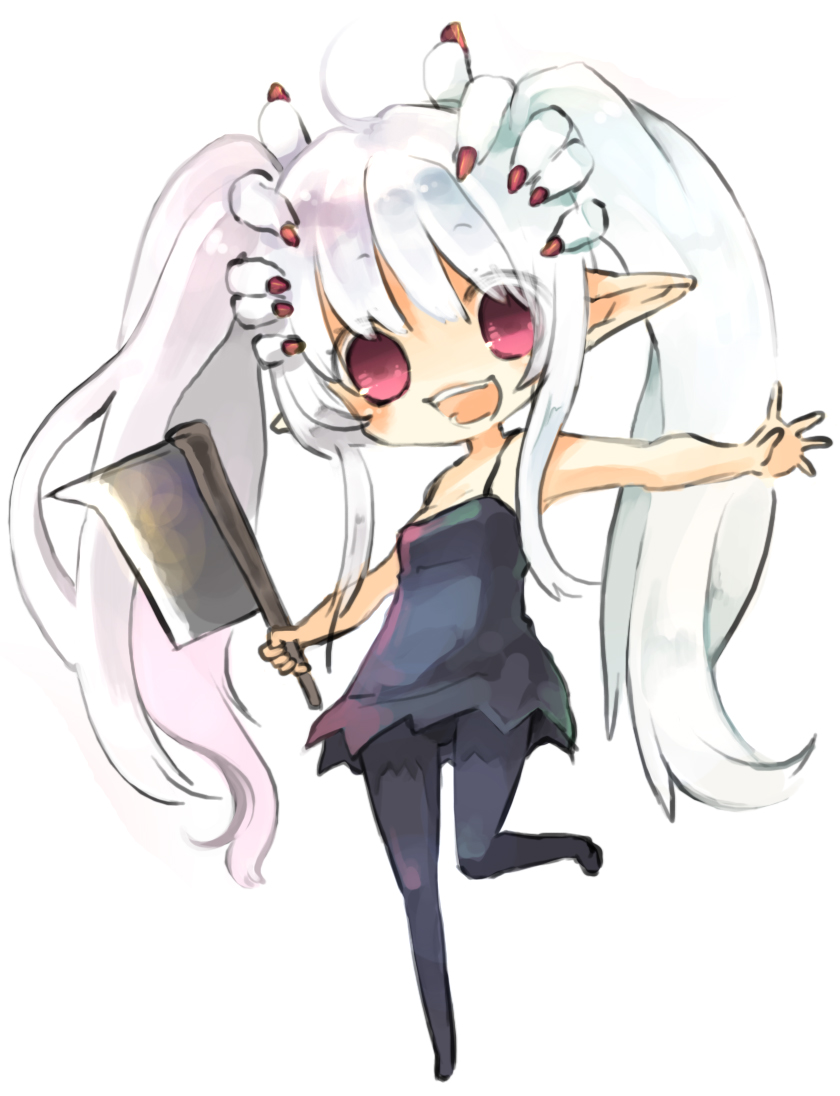 komeko meko (mecolate), original, silver hair, bad id, bad pixiv id, 1girl, chibi, cleaver, female focus, hashitsuki nata, hatchet, nata (tool), pantyhose, pink eyes, pointy ears, solo, twintails
