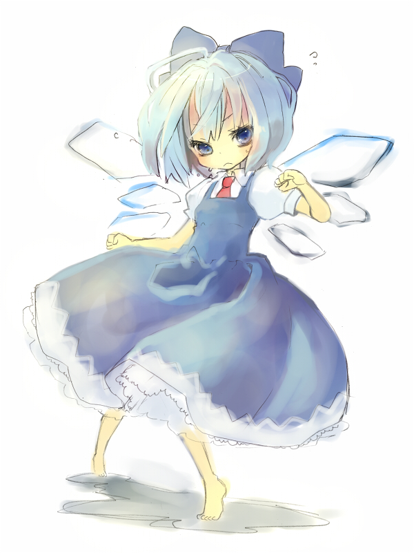 komeko meko (mecolate), cirno, embodiment of scarlet devil, touhou, bad id, bad pixiv id, 1girl, barefoot, blue eyes, blue hair, bow, female focus, matching hair/eyes, short hair, solo, sweat, wings