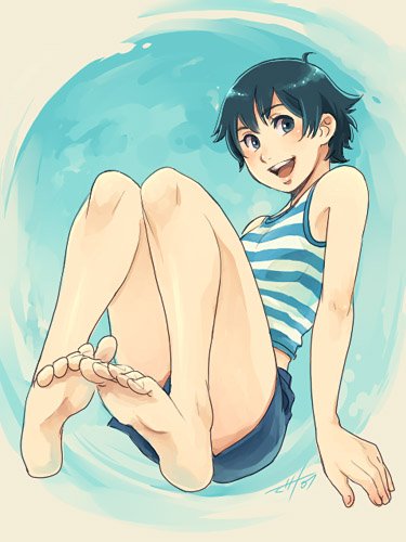 masato (artist), masato (oal), original, striped, lowres, 1girl, barefoot, blush, feet, female focus, legs, pigeon-toed, short hair, shorts, solo