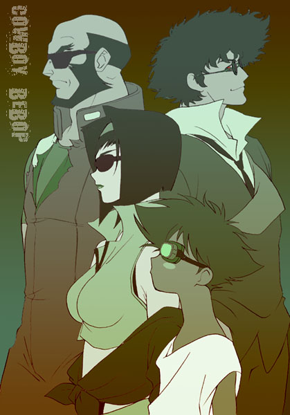 masato (artist), masato (oal), edward wong hau pepelu tivrusky iv, faye valentine, jet black, spike spiegel, cowboy bebop, 1990s (style), 2boys, 2girls, beard, blush stickers, breasts, facial hair, goggles, large breasts, multiple boys, multiple girls, sunglasses