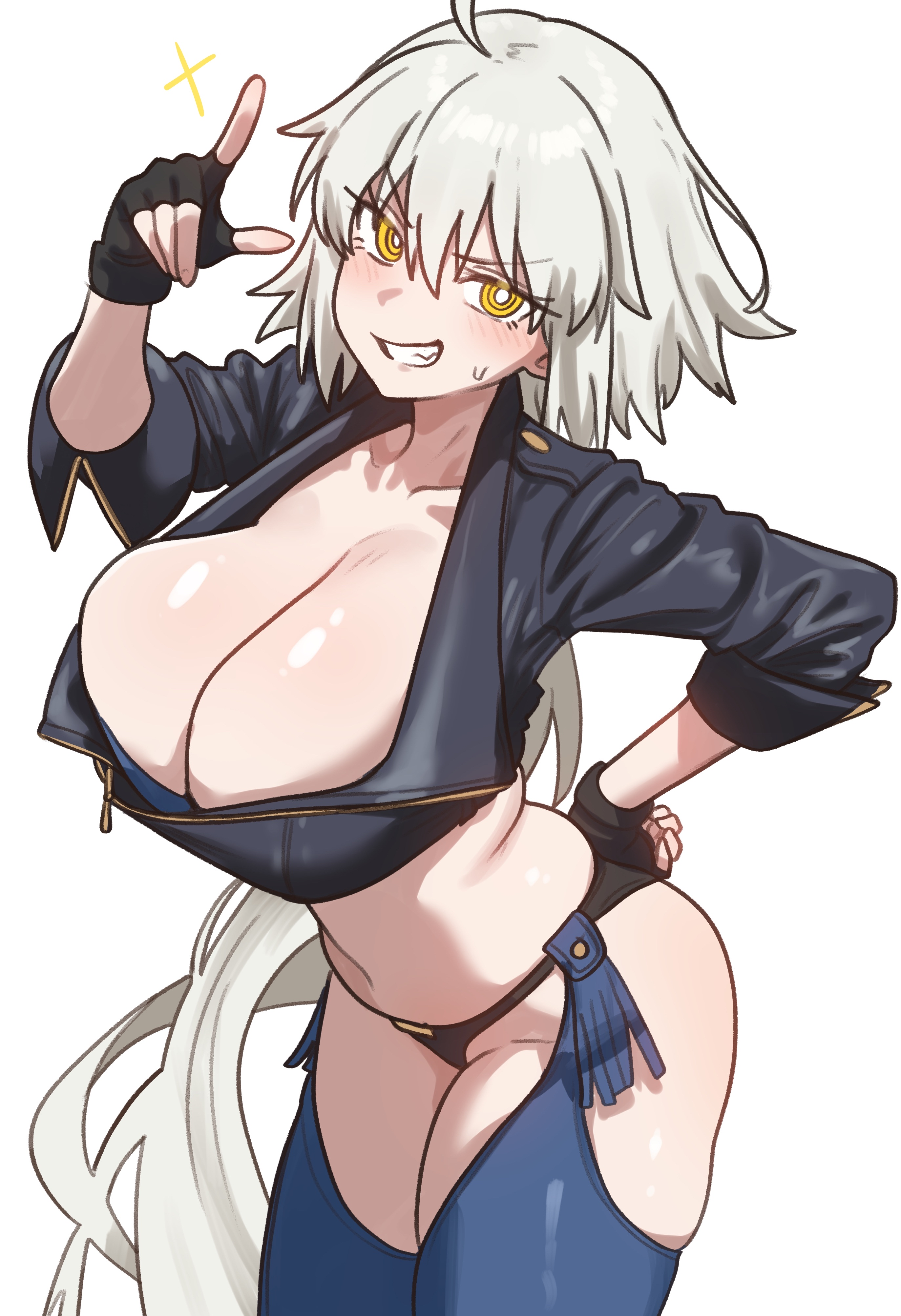 ebora, angel (kof), jeanne d'arc alter (fate), fate/grand order, fate (series), the king of fighters, absurdres, bad link, highres, 1girl, angel (kof) (cosplay), black gloves, black jacket, black panties, blush, breasts, chaps, cleavage, cosplay, cowboy shot, cropped jacket, fingerless gloves, gloves, grey hair, grin, hair between eyes, hand on own hip, hand up, index finger raised, jacket, large breasts, long hair, long sleeves, looking at viewer, panties, simple background, smile, solo, sparkle, standing, teeth, underwear, white background, yellow eyes