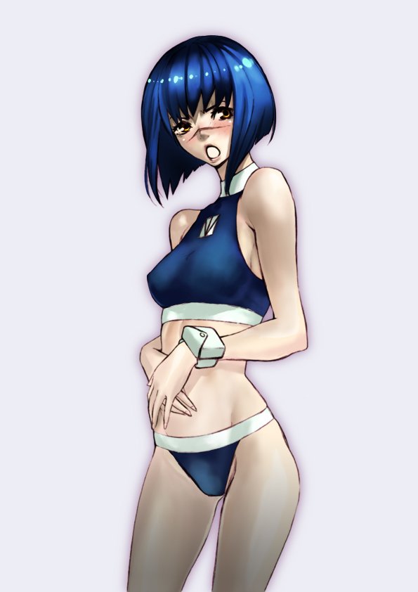 nekoi mie, tsumura tokiko, busou renkin, 00s, 1girl, bikini, blue hair, blush, bob cut, brown eyes, cowboy shot, female focus, scar, scar on face, scar on nose, short hair, simple background, solo, swimsuit