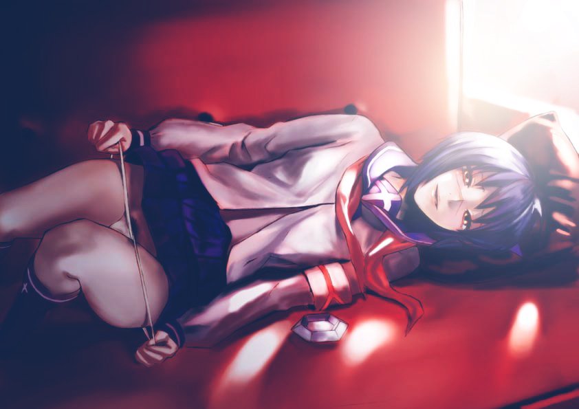 nekoi mie, tsumura tokiko, busou renkin, 00s, 1girl, bob cut, clothes lift, female focus, female pubic hair, lying, pale skin, panties, panty pull, pubic hair, scar, scar on face, scar on nose, school uniform, serafuku, short hair, skirt, skirt lift, solo, underwear, undressing