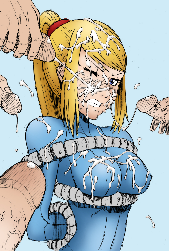 hakkyou daioujou, samus aran, metroid, nintendo, 1girl, blonde hair, bodysuit, bukkake, cum, cum on body, cum on hair, facial, gangbang, group sex, penis, ponytail, solo focus, surrounded by penises, uncensored, zero suit