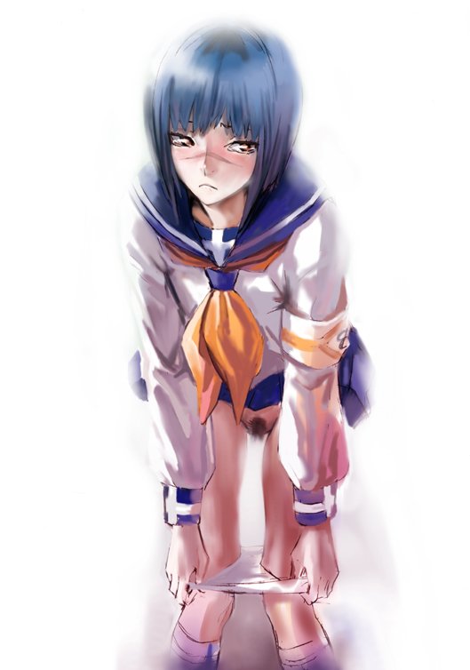 nekoi mie, tsumura tokiko, busou renkin, 00s, 1girl, blue sailor collar, blush, bob cut, brown eyes, female focus, female pubic hair, panties, panty pull, pubic hair, sailor collar, scar, scar on face, scar on nose, school uniform, serafuku, short hair, solo, underwear
