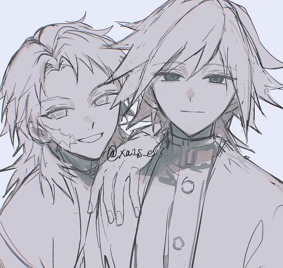sabito (kimetsu), tomioka giyuu, kimetsu no yaiba, 2boys, black hair, black jacket, blue eyes, buttons, demon slayer uniform, facial scar, grin, haori, high collar, jacket, japanese clothes, looking at viewer, low ponytail, male focus, multiple boys, partially colored, ponytail, q8d m, scar, scar on cheek, scar on face, simple background, smile, spiked hair, teeth, white background