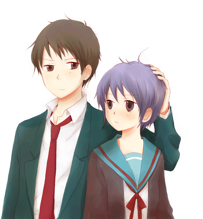 saya (artist), saya (sayaz), kyon, nagato yuki, suzumiya haruhi no yuuutsu, bad id, bad pixiv id, 00s, 1boy, 1girl, blush, brown eyes, cardigan, headpat, purple hair, school uniform, serafuku, short hair