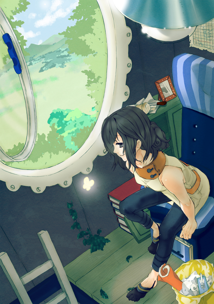 nadashima gy, original, bad id, bad pixiv id, 1girl, black eyes, black hair, book, bug, butterfly, female focus, insect, ivy, leaf, plant, room, sitting, solo, toe socks, window