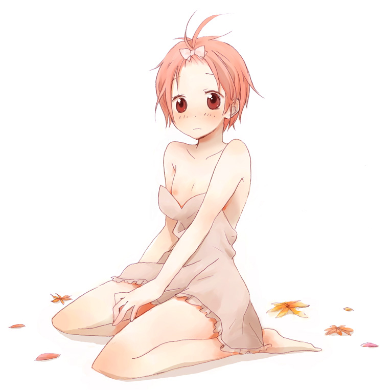 saya (artist), saya (sayaz), kuzuryuu momoko, sumomomo momomo, 00s, 1girl, bare shoulders, blush, breasts, dress, female focus, flat chest, hair ribbon, kneeling, nipple slip, nipples, pink hair, ribbon, short hair, simple background, solo, strapless, strapless dress