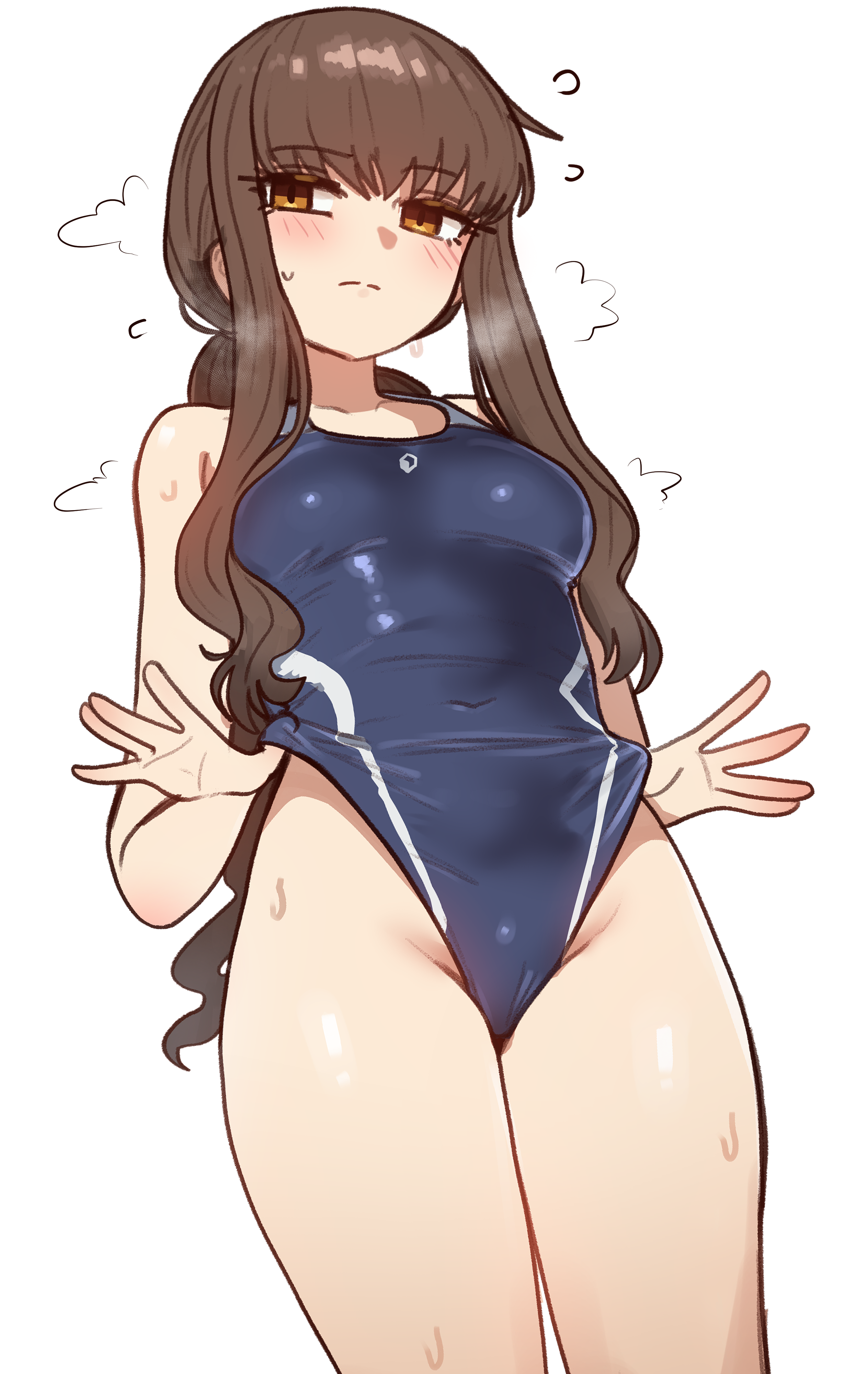 ebora, kishinami hakuno (female), fate/extra, fate/extra ccc, fate (series), absurdres, highres, 1girl, averting eyes, blue one-piece swimsuit, breasts, brown eyes, brown hair, cowboy shot, flying sweatdrops, from below, frontal wedgie, highleg, highleg one-piece swimsuit, long hair, low ponytail, medium breasts, one-piece swimsuit, ponytail, self wedgie, sidelocks, simple background, solo, standing, swimsuit, wedgie, white background