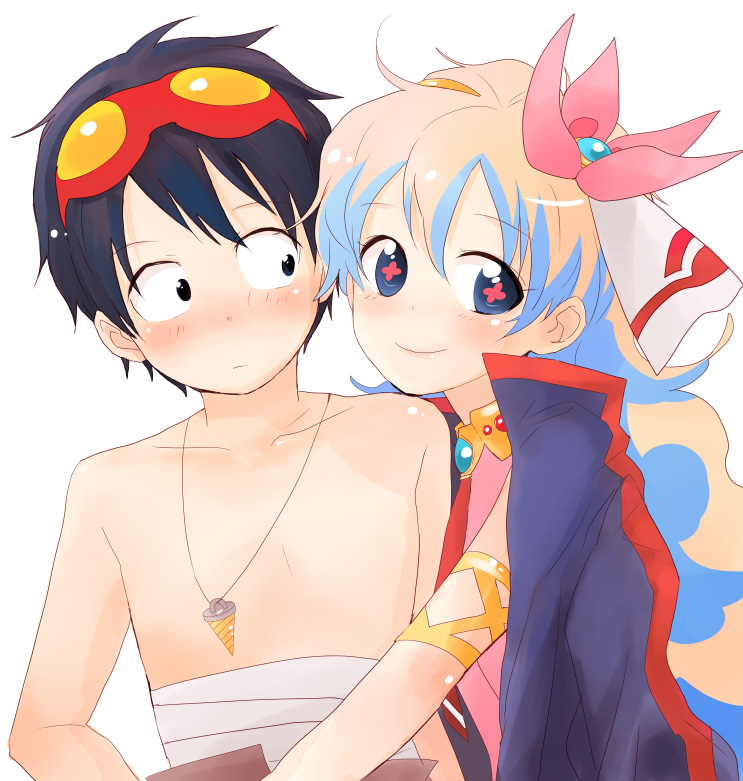saya (artist), saya (sayaz), nia teppelin, simon (ttgl), tengen toppa gurren lagann, bad id, bad pixiv id, 00s, 1boy, 1girl, blue eyes, blush, couple, goggles, goggles on head, hair ornament, hetero, hug, long hair, smile