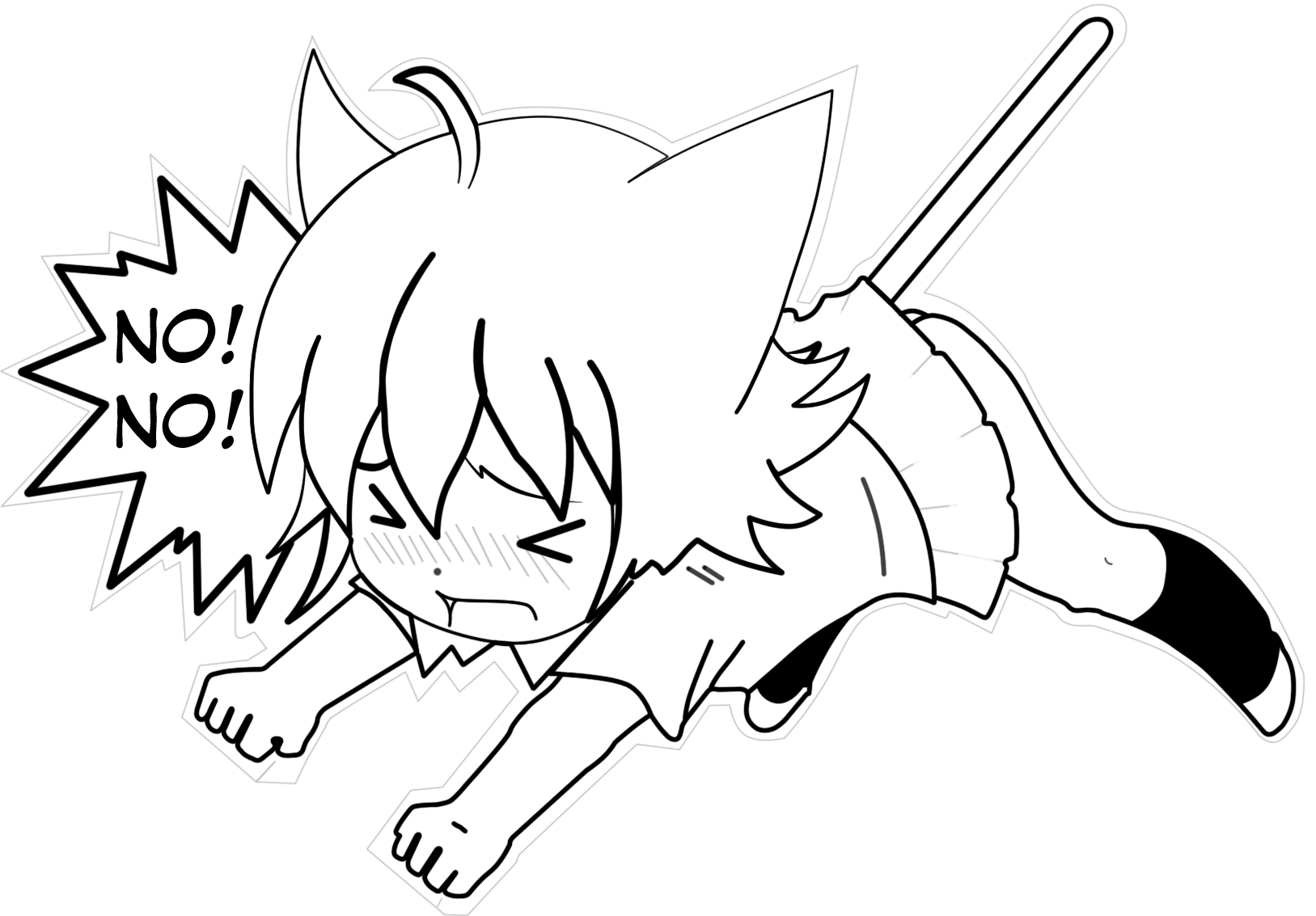 highres, > <, 1girl, ahoge, animal ears, cat ears, cat tail, closed eyes, female focus, greyscale, monochrome, paper child, paper cutout, papercraft, socks, solo, tail, template
