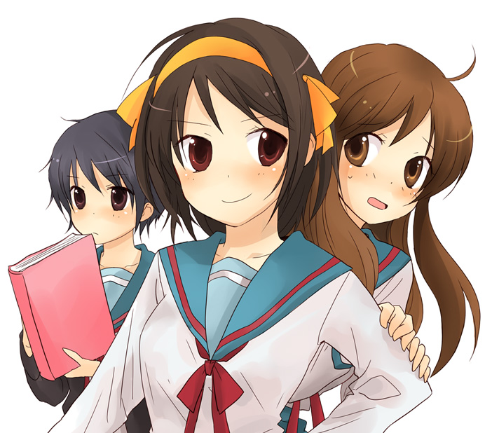 saya (artist), saya (sayaz), asahina mikuru, nagato yuki, suzumiya haruhi, suzumiya haruhi no yuuutsu, silver hair, bad id, bad pixiv id, 00s, 3girls, blush, book, brown eyes, brown hair, hairband, long hair, multiple girls, red eyes, school uniform, serafuku, short hair, smile