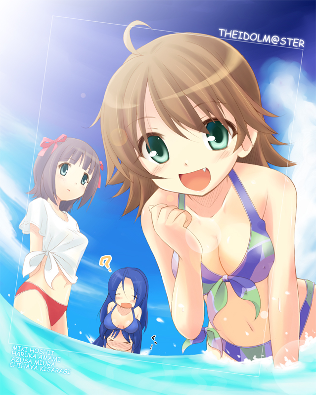 komone ushio, amami haruka, awakened miki, hoshii miki, kisaragi chihaya, miura azusa, idolmaster, idolmaster (classic), idolmaster 1, bad id, bad pixiv id, 00s, 4girls, ahoge, beach, bikini, blue hair, blush, breast rest, breasts, breasts on head, brown hair, closed eyes, day, fang, green eyes, large breasts, long hair, multiple girls, ocean, outdoors, ribbon, short hair, swimsuit, ukomone