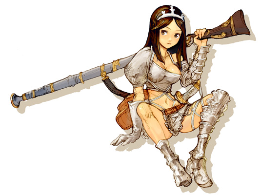 natsuhara, aisha (ash), archaic sealed heat, ash (game), 1girl, antique firearm, armor, bag, belt, boots, breasts, brown hair, cleavage, crop top, crown, female focus, firearm, firelock, full body, gloves, gun, hat, jezail, long hair, medium breasts, midriff, musket, navel, rifle, simple background, single glove, sitting, skirt, solo, sword, weapon