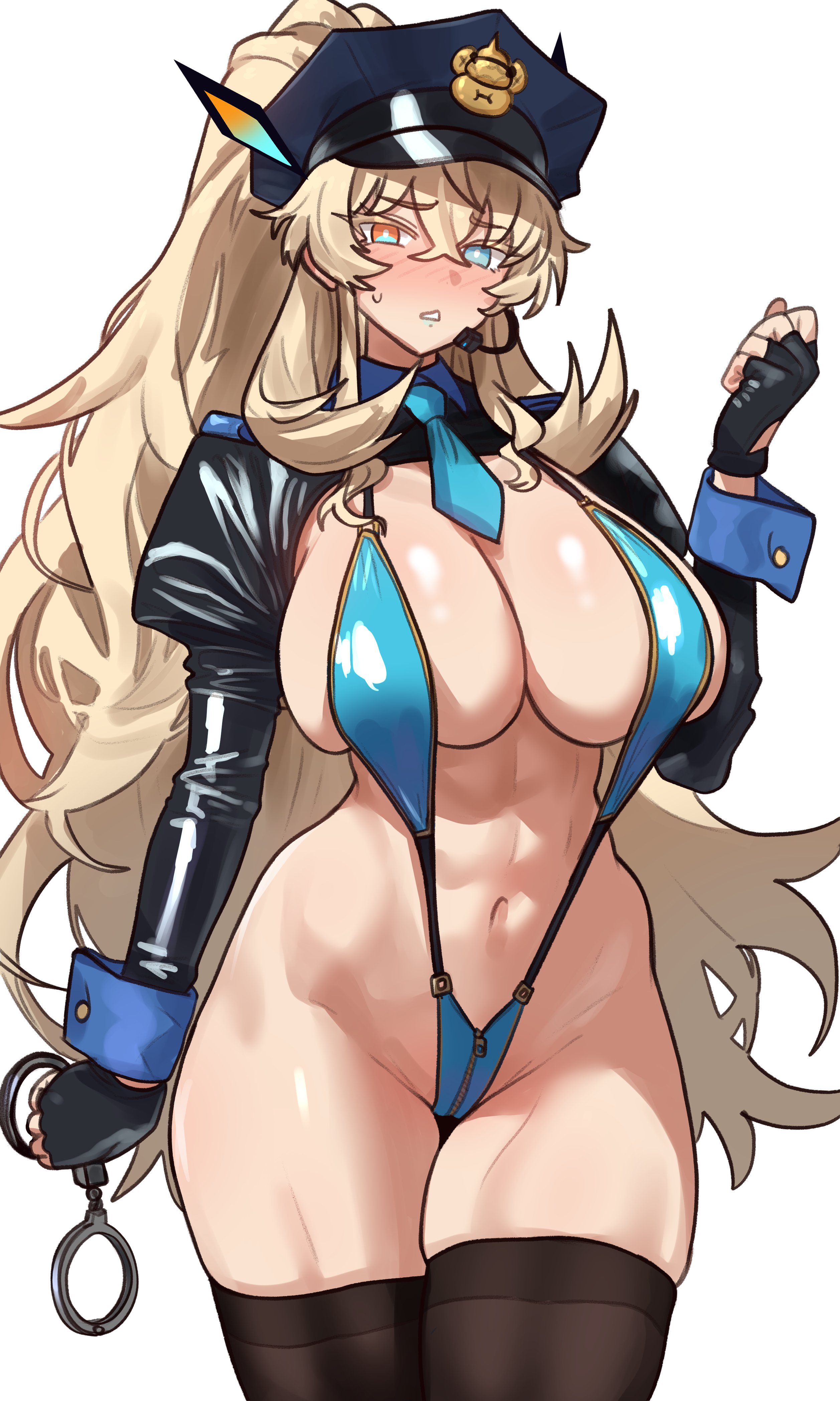 ebora, barghest (fate), melusine (fate), fate/grand order, fate (series), absurdres, bad link, highres, 1girl, abs, black gloves, black thighhighs, blonde hair, blue eyes, blue slingshot swimsuit, blush, breasts, cleavage, cuffs, fingerless gloves, gloves, hand up, handcuffs, hat, heterochromia, huge breasts, long hair, looking at viewer, microphone, navel, orange eyes, police hat, ponytail, shrug (clothing), slingshot swimsuit, solo, swimsuit, thighhighs, toned, toned female, unconventional police uniform, white background